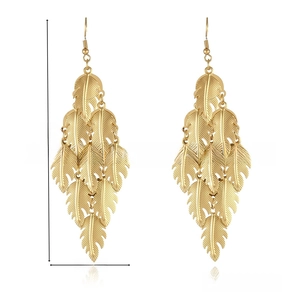 Macro detail of 18k gold plated layered feather leaf tassel earrings with hook findings