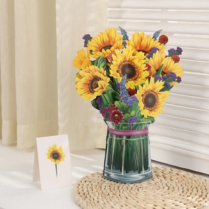 Detailed 3D pop-up card featuring a vibrant sunflower bouquet in a glass vase paper design