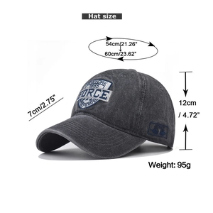 Detailed size specifications for washed gray FORCE embroidery denim baseball cap
