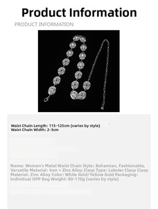 Detail view of bohemian metal waist chain showing dimensions and lobster clasp closure