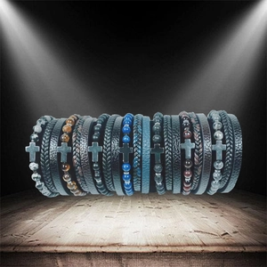 Multi-layer leather and natural stone bead bracelet set with metallic cross pendants