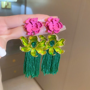 Floral tassel drop earrings with pink and green enamel flowers and sparkling rhinestones