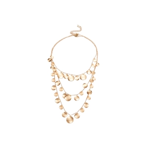Three-layer gold necklace featuring hammered round coin pendants on a white background