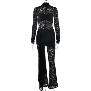 Fashionable black lace see-through bodysuit with high neck and long sleeves for women