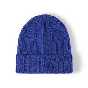 Royal blue ribbed knit beanie with fold-over cuff for autumn and winter warmth