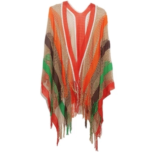 Women's V-neck knit mesh shawl with colorful rainbow stripes and tassel fringe hem