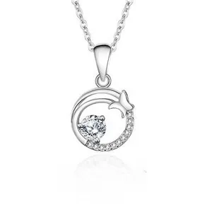 Macro shot of S925 silver necklace pendant with hollow butterfly and sparkling moissanite