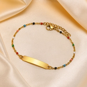 Vintage gold stainless steel cross bar bracelet with colorful enamel beads for women