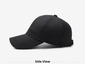Side view detail of black baseball cap with 3D SPORT embroidery on twill fabric