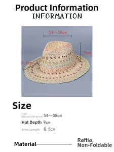 Size chart for raffia straw hat showing head circumference, depth, and brim length