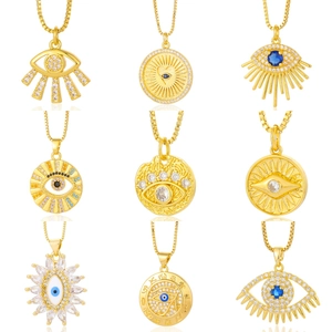 Detailed grid of nine golden necklaces featuring evil eye and sunburst pendant designs