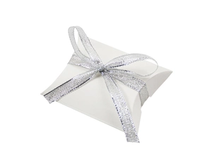 White pillow-shaped gift box with a glossy silver ribbon bow for wedding favors