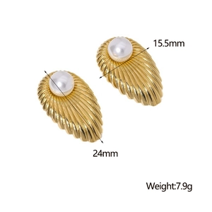 Detailed view of 18K gold plated pearl earrings with exact size 15.5mm x 24mm