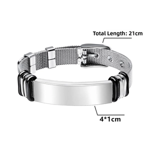 Detail view of silver stainless steel mesh bracelet with 21cm length and 4x1cm plate