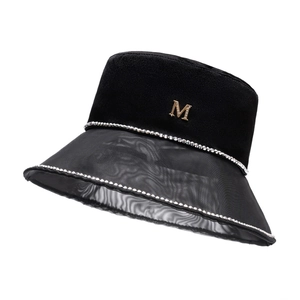 Elegant black velvet fisherman hat with sheer mesh brim and rhinestone M logo