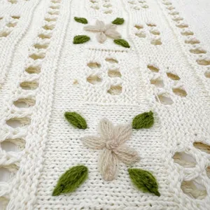 Handmade crochet tote bag featuring 3D floral embroidery and ivory openwork knit pattern