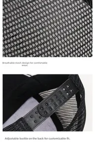 Detail der atmungsaktiven Netzstruktur und des verstellbaren Snapback-Verschlusses der Kappe