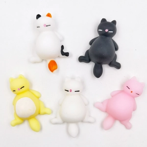 Five cute assorted squishy kitten stress relief toys in colorful TPR soft rubber material