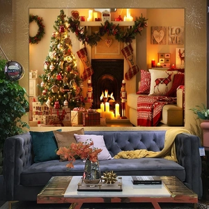 Christmas tree and fireplace wall tapestry with Merry Christmas text for home decor