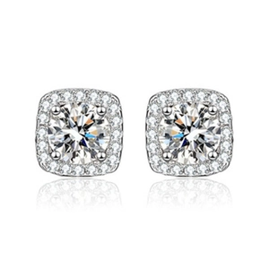 Classic silver S925 halo stud earrings with round brilliant cut sparkling center stone