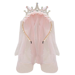 Pink princess crown headband for girls with elegant tulle veil and pearl rhinestone details