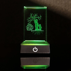 Macro shot of 3D laser engraved mother and child under a tree with green light effect