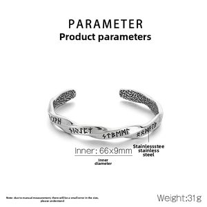 Détails du bracelet Mobius Viking en acier avec runes et dimensions de 66x9mm
