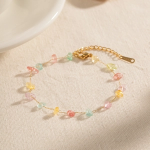 Gold stainless steel beaded chain necklace with irregular colorful natural stones