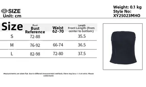 Tableau des tailles détaillé pour bustier moulant style denim avec mesures S M L en cm