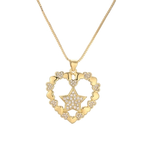Golden heart pendant necklace with star center and micro-paved zircons for women