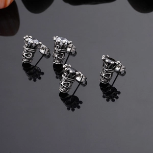 Gothic punk skull earrings with crown and inlaid stones in silver stainless steel