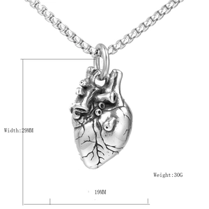 Anatomical heart pendant necklace in stainless steel with dimensions and weight info