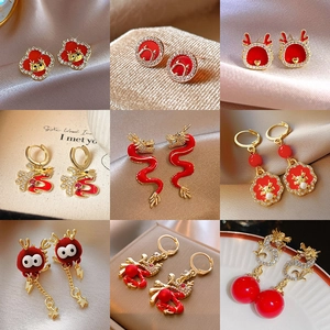 Red Enamel Dragon Tassel Earrings With Silver Earring Post Alloy Rhinestone Faux Artificial Pearl Festive New Year Jewelry For Women