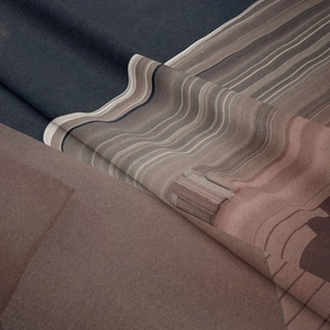 Detail showing high-quality woven texture with blue stripes and architectural prints