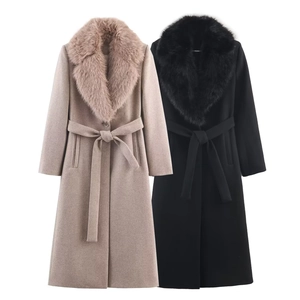 Cappotto Lungo In Misto Lana Da Donna Con Collo In Ecopelliccia Cintura Elegante Giacca Invernale Calda