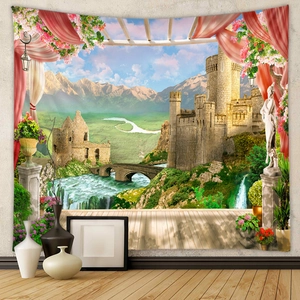 3D Wandteppich mit Alpen-Schloss-Motiv, Blumenbalkon und Gebirgslandschaft für Zimmer