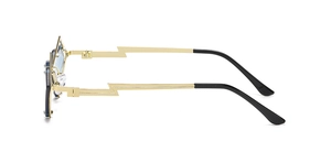 Detail view of stylish sunglasses featuring unique lightning bolt shaped metal temples