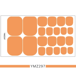 Close-up of solid orange 3D toe nail stickers on sheet, model YMZ297 for pedicures