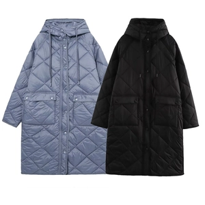 Veste Longue Matelassée Femmes Polyester Motif Losange Manteau À Capuche Cordon Fermeture Bouton Poches Décontracté
