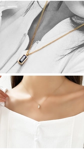 Detail view of gold rectangle gemstone necklaces showing craft and model styling
