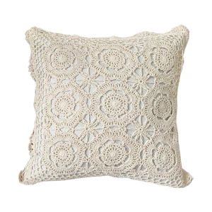 Handmade crochet throw pillow cover in beige cotton with vintage floral pattern