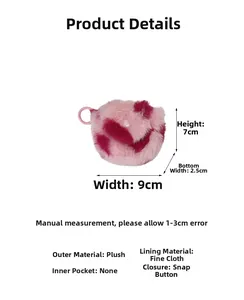 Macro detail of plush heart headphone case showing dimensions 9x7x2.5cm and pink texture