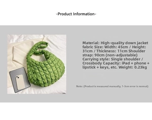 Detail view of green quilted cloud bag capacity with an iPad for size comparison