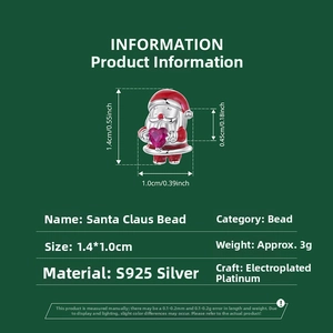 Macro view of S925 sterling silver Santa Claus bead with heart gem and size specs