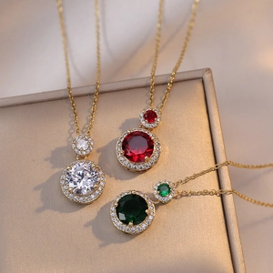 Double Round Halo Pendant Necklace Titanium Steel Inlaid Cubic Zirconia Elegant Vintage Jewelry Women