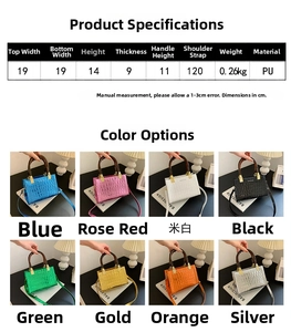 Detailed grid showing eight glossy crocodile pattern mini handbags with resin handles