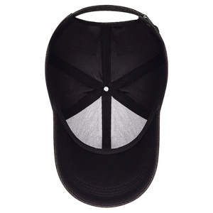 Men's black cotton baseball cap with structured six-panel crown and reinforced interior