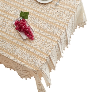 Beige lace Christmas tablecloth with snowflake bell prints and elegant tassel edges
