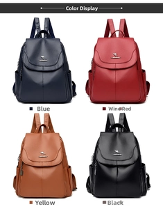 Detailed grid view of four textured leather backpacks in blue, burgundy, yellow, and black