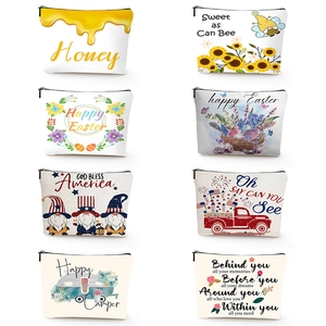 Linen Cosmetic Pouch Printed Canvas Makeup Bag Portable Travel Toiletry Organizer Zipper Handbag Storage Case For Women